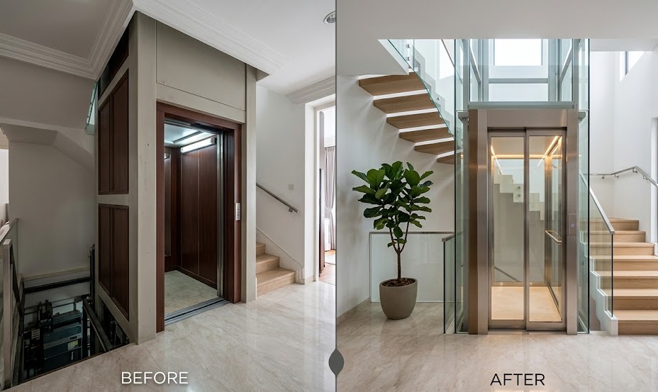 Modern enclosed home lift in Singapore with automatic sliding doors