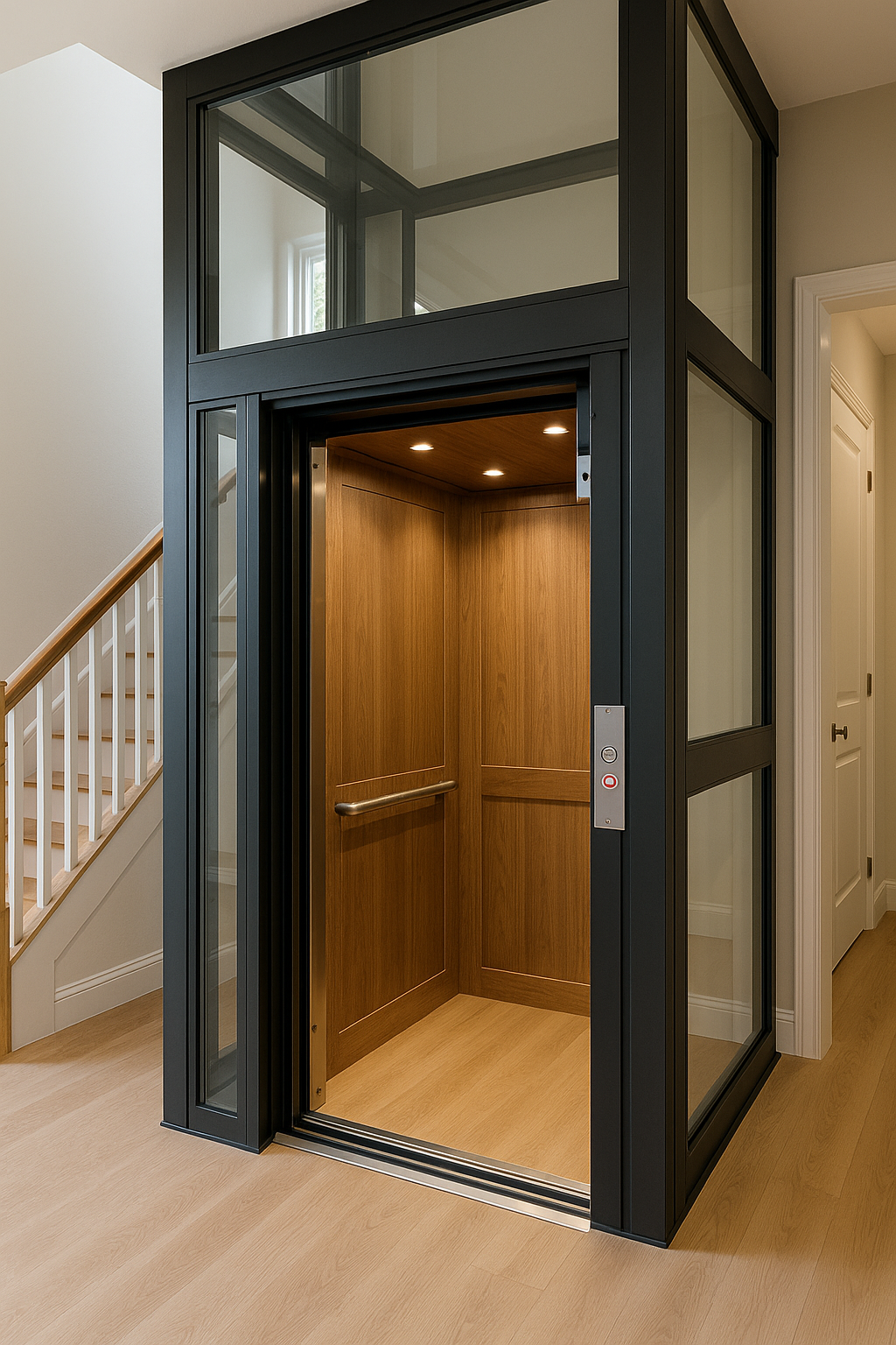Normal home lift installed in residential building for safe, comfortable and convenient vertical transportation between floors